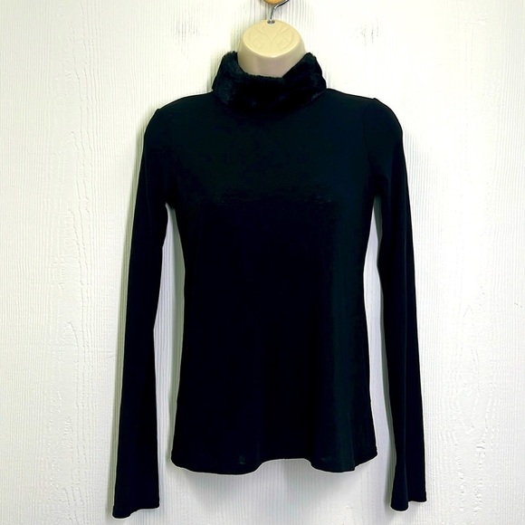 Zara - Faux Fur Collar Ling Sleeve Stretchy Black See Thru Blouse Size Medium - Picture 1 of 9